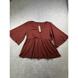 BloomChic Top Womens 14-16 Rust Red Textured Peplum‎ Long Sleeve Stretch Blouse